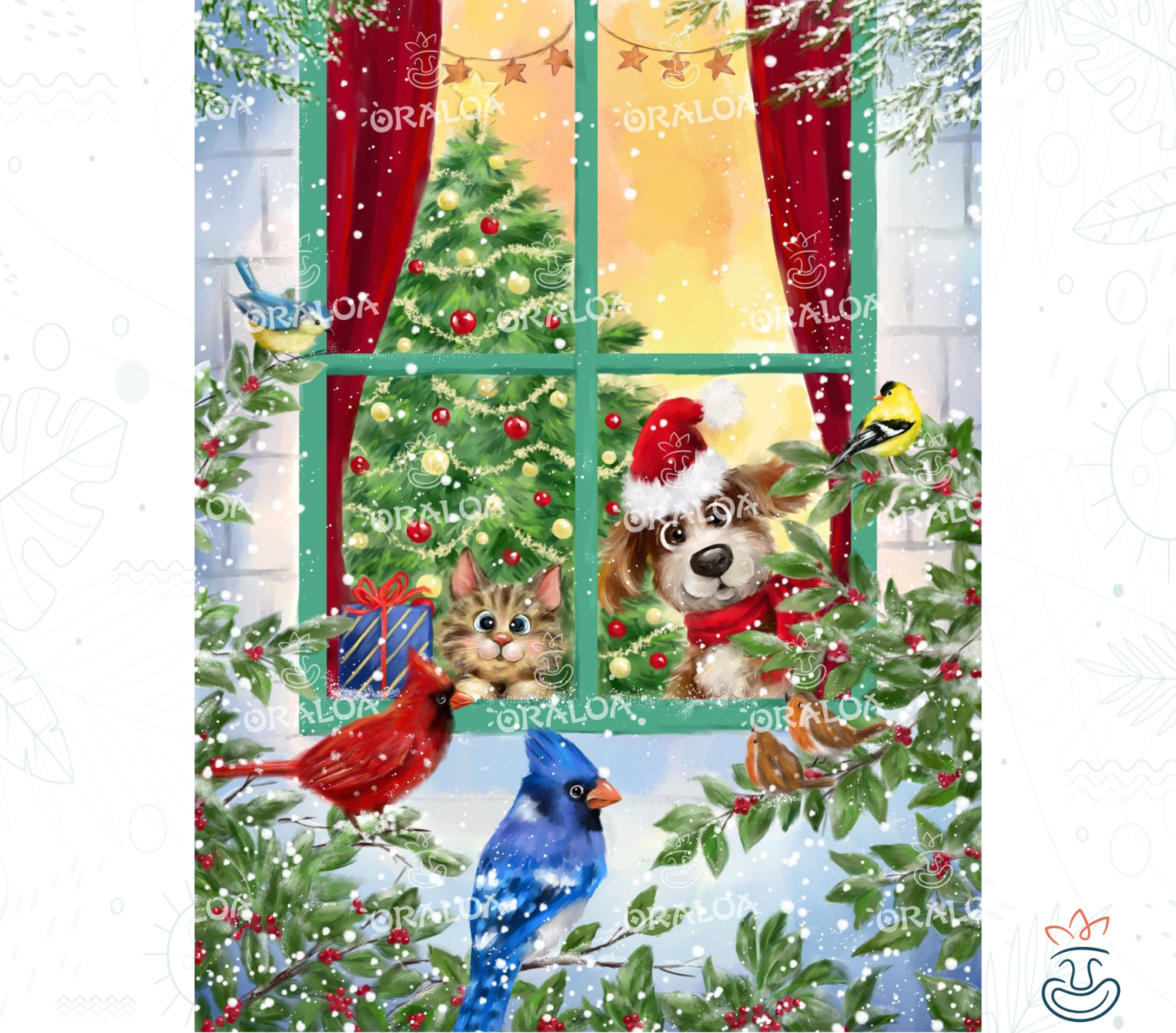 Dog and Cat at Christmas Window