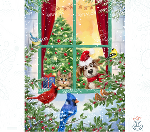 Dog and Cat at Christmas Window